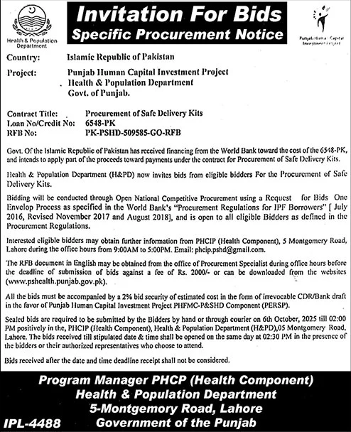 Health & Population Department Lahore Tender Notice